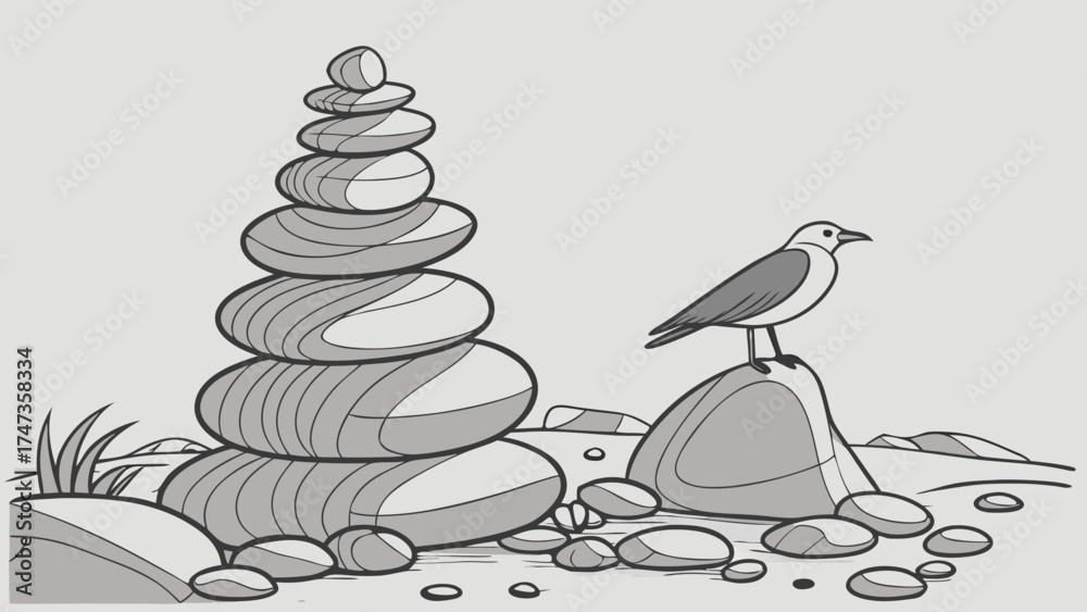 Stacked Stones and Bird Illustration Zen Garden Nature Design Calm Serene Relaxation Mindfulness Balance Bird on Rock Coastal Scene Stones Pebbles Gray Scale Monochrome Line Art Ve.