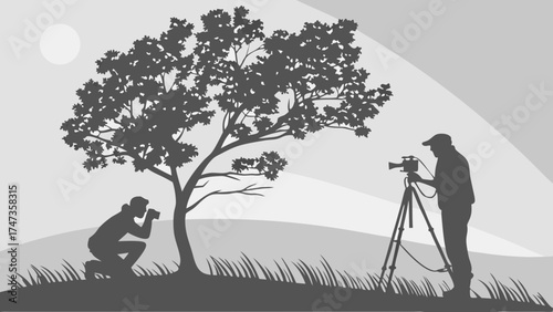 Silhouette of two photographers working outdoors one using a tripod near a tree and grassy landscape.