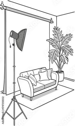 Studio Setup with Lighting Equipment Sofa and Plant.