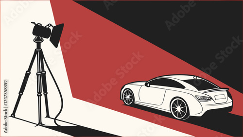 Studio Lighting Car Photography Automotive Illustration Backlit Vehicle Modern Coupe Spotlight Tripods Graphic Design Minimalist Style Clean Design Abstract Background Red and Black W.
