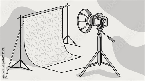 Studio Photography Setup Camera on Tripod with Backdrop and Lighting.