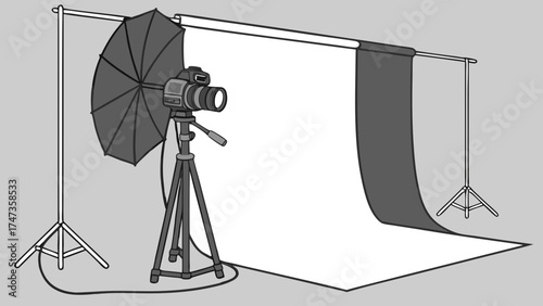 Studio Photography Setup Camera on Tripod with Lighting and Backdrop.