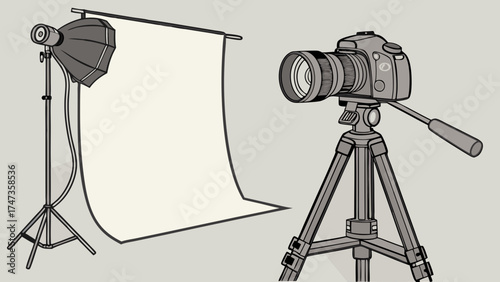 Studio Photography Setup Camera on Tripod with Lighting and Backdrop.
