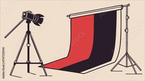 Studio Photography Setup Camera Lighting and Backdrop Illustration.