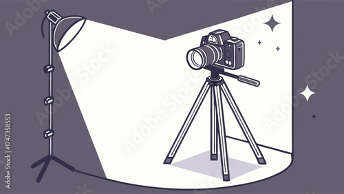 Studio Photography Setup DSLR Camera on Tripod with Lighting.