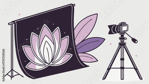 Studio Photography Setup with Camera on Tripod and Floral Backdrop.