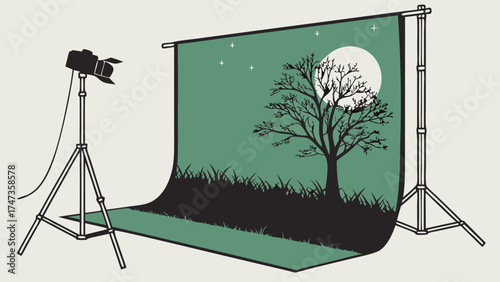 Studio Photography Setup with Night Scene Backdrop Moonlit Tree and Grass.