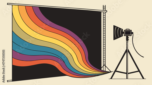 Studio Photography Setup with Rainbow Backdrop and Lighting Equipment.