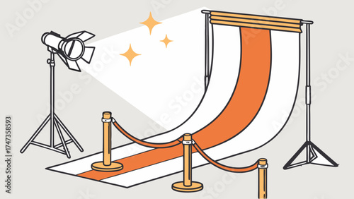 Studio Photography Setup with Red Carpet and Lighting.