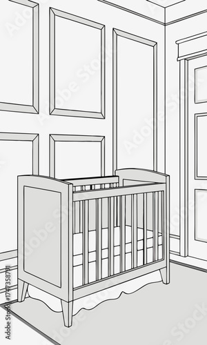 Baby Crib in Modern Room Nursery Interior Design Childs Bedroom Furniture Illustration.