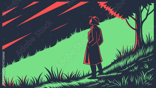 Stylized illustration of a person standing in a field at night gazing at the sky.