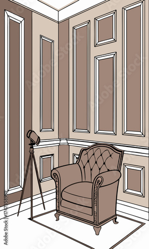 Elegant armchair in a classic room interior with a tripod stand.