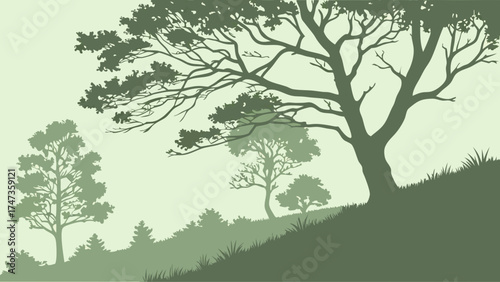 Stylized illustration of trees and grassy hillside nature background forest scene green foliage woodland design eco friendly concept.