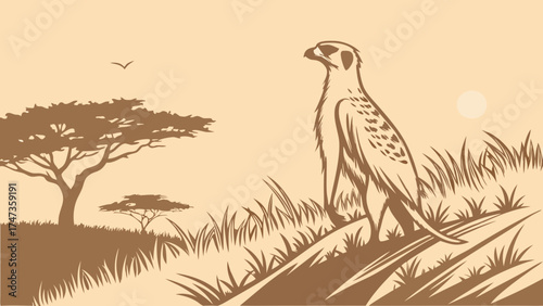 Stylized Meerkat in Savanna Landscape Wildlife Illustration Vector Art.