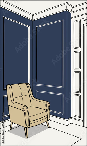 Interior design armchair blue wall beige chair room corner elegant decor home design wainscoting crown molding interior illustration stylish furniture cozy space comfortable chair mo.