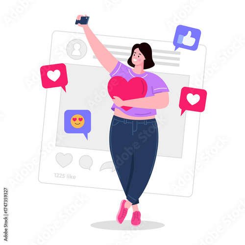 Woman Holding Large Red Heart And Taking Selfie With Social Media Icons Floating Around Her In A Clean Flat Design Style