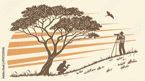 Sunset Photography Landscape Two Photographers Silhouette with Tree and Bird Artistic Vector Illustration.