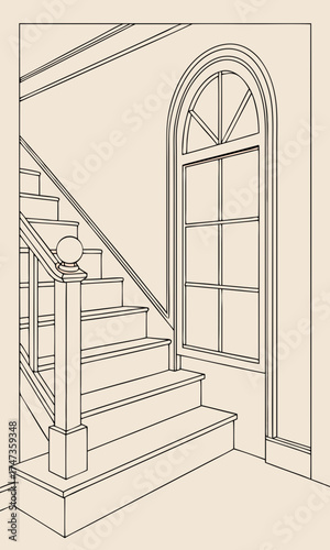 Interior Design Wooden Staircase with Arch Window Home Decor Architectural Drawing Line Art House Plan Residential Upstairs Downstairs Steps Railing Newel Post Banister Interior Arch.
