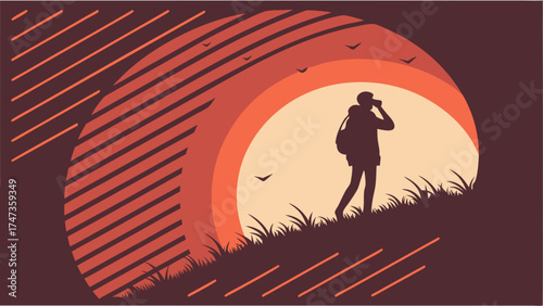Sunset Silhouette of a Traveler with Backpack Admiring the View Vector Illustration Minimalist Design Warm Colors Graphic Art Nature Scene Travel Poster Adventure Background.