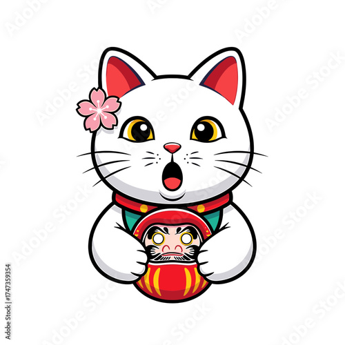 Surprised Maneki Neko Holding a Red Daruma Doll with Cherry Blossom