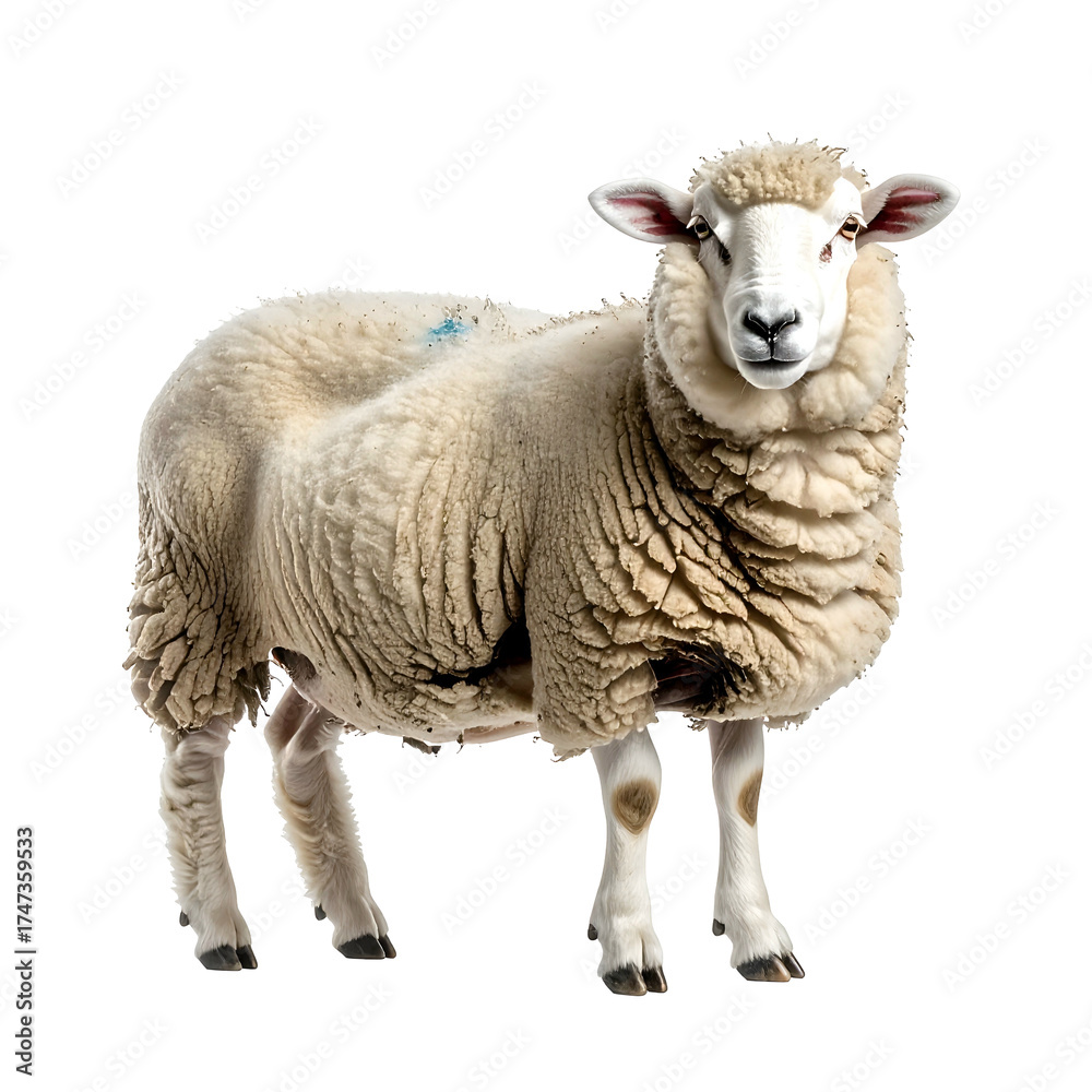 Fototapeta premium A fluffy sheep with white wool stands facing the viewer, isolated on a transparent background