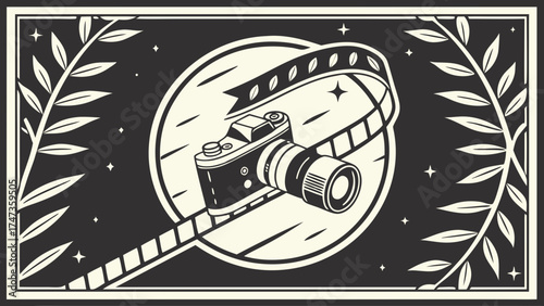 Vintage Camera with Film Reel and Floral Design Black and White Illustration Photography Retro Style.