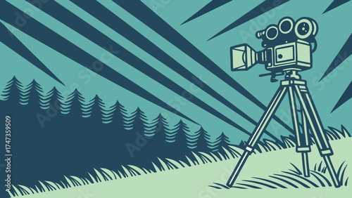 Vintage Film Camera on Tripod in Nature Scene Filmmaking Movie Production Retro Camera Nature Photography.