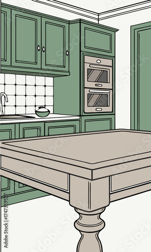 Kitchen interior design green cabinets beige kitchen island home decor kitchen illustration modern kitchen contemporary kitchen kitchen plan kitchen blueprint cooking space home design.