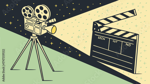 Vintage Movie Projector and Clapperboard Illustration Filmmaking Cinema Retro Design.