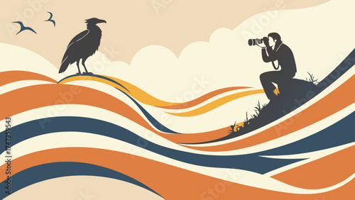 Wildlife Photographer Silhouette with Bird and Abstract Landscape.