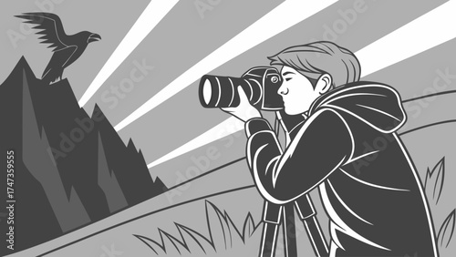 Wildlife Photographer with Camera and Tripod Capturing Bird in Flight Above Mountain Landscape.