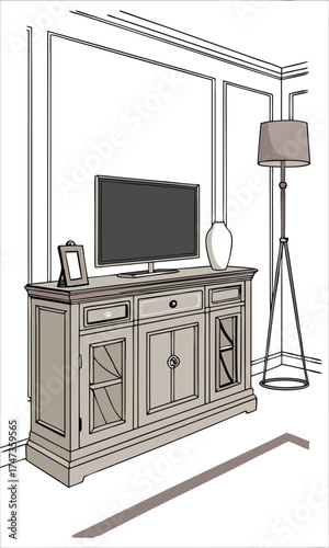 Living Room Entertainment Center Sketch Modern Furniture Design Home Decor Illustration TV Stand Drawing Interior Design Concept.
