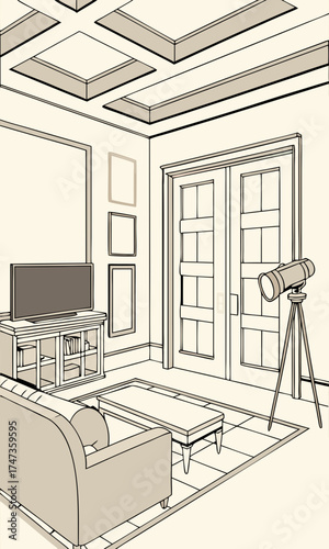 Living Room Interior Design Sketch Modern Sofa Coffered Ceiling Flat Screen TV Double Doors Tripod Lamp Illustration.