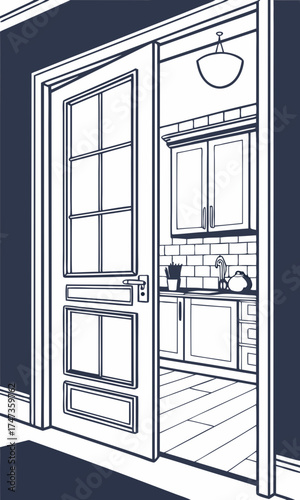 Open door revealing modern kitchen interior line art illustration.