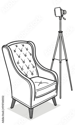 Studio Setup Camera on Tripod Armchair Video Production Filmmaking Broadcasting Interview Podcast Recording Content Creation Online Video Home Studio Chair Furniture Equipment Phot.
