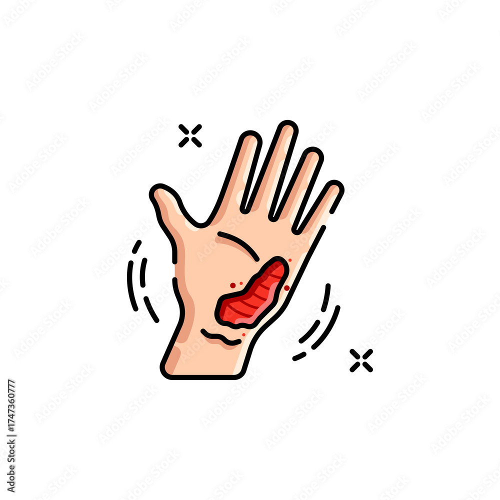 Fototapeta premium Pixelated Illustration of a Human Hand Showing an Injury on the Palm Against a White Background