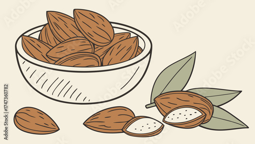 Almonds in a bowl healthy nuts food illustration nut drawing bowl of almonds healthy snack organic food vegan food vegetarian food nut illustration almond illustration healthy eating.
