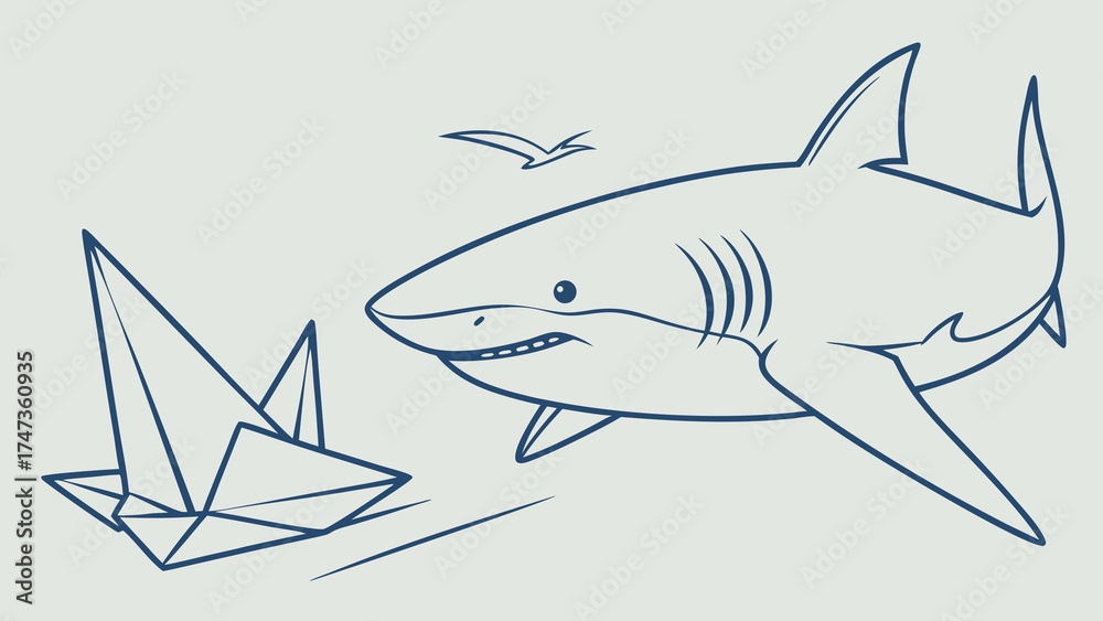 Fototapeta premium Cartoon shark illustration origami boat ocean animal sea creature marine life predator aquatic wildlife vector art line art graphic design simple design minimalist art illustration de.