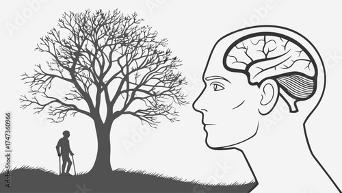 Conceptual illustration elderly person bare tree brain aging memory health medical vector art.