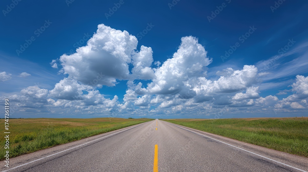 Fototapeta premium Expansive Roadway Under a Vast Blue Sky with Fluffy Clouds Above, Capturing the Essence of Freedom and Adventure in a Serene Landscape