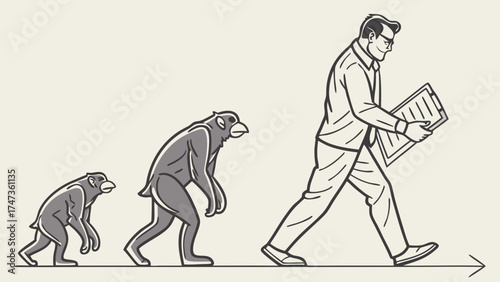 Evolution of Man Progress Businessman Ape Primate Development Concept Illustration Line Art Vector Graphic Black and White Simple Design Modern Style Monochrome Illustration Professi.