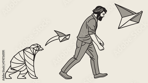 Geometric illustration of evolution, human progress, innovation, from ape to man with paper airplane, modern desig