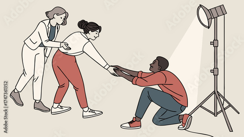 Helping hand teamwork studio photoshoot assistance support collaboration creative process photography lighting model team professional studio design illustration graphic art peop.