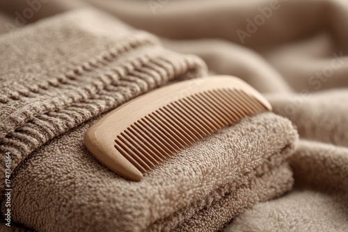 Wooden Comb Resting on Folded Towel in Soft Texture