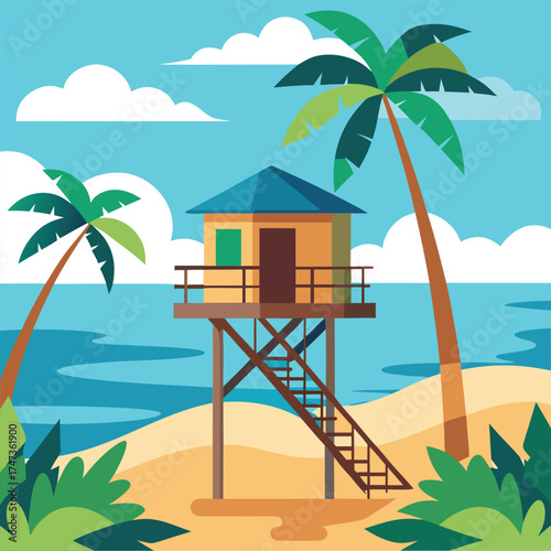 Tropical beach scene featuring palm trees and a lifeguard tower overlooking the sandy shore and ocean waves.