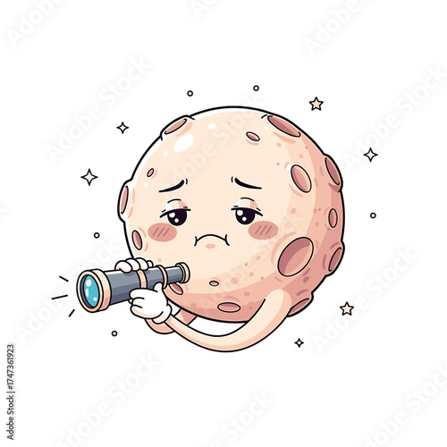Cartoon Moon Character Gazing Through Telescope with a Disappointed Expression