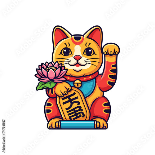 Cartoon Maneki Neko with Lotus Flower and Golden Tablet Waving Paw