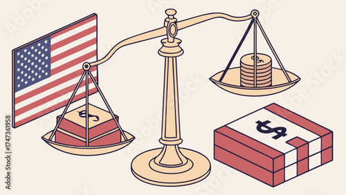 Isometric Illustration of Scales Balancing a Flag and Currency Symbols.