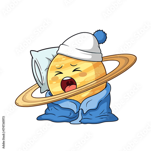 Cartoon Saturn Yawning in Bed with Pillow Blanket and Nightcap