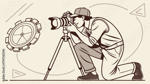 Professional Photographer with DSLR Camera on Tripod Taking Pictures Vector Illustration.